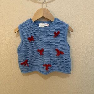 Zara Blue Crocheted Sleeveless Knit Top with Red Bow Appliqués